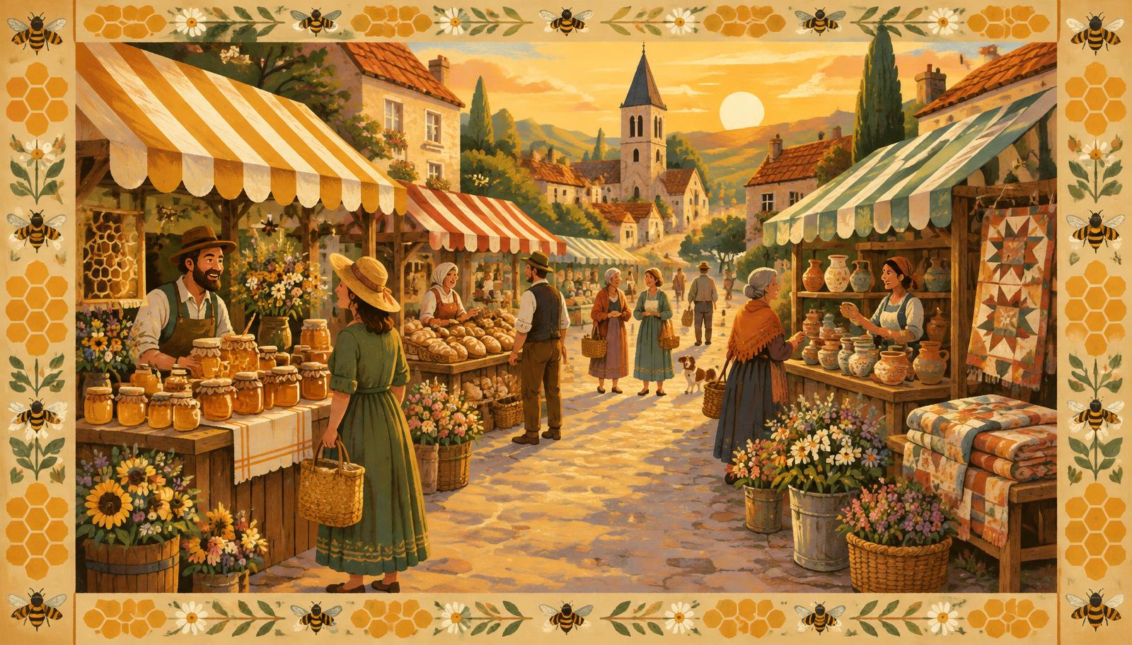 Painted illustration of a cozy market street with stalls of honey, bread, pottery and flowers